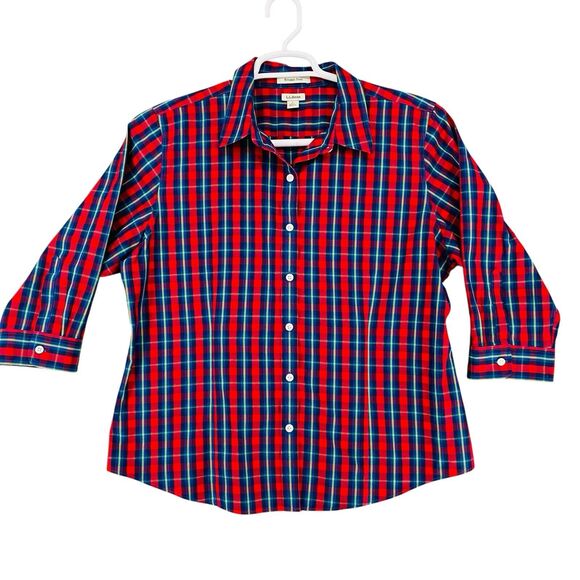 L.L.‎ Bean Blouse Top Shirt Women's L Red Blue Check Wrinkle Free Cotton Top - Picture 1 of 10